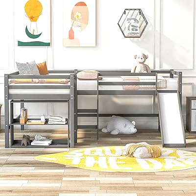 Lit mezzanine double en forme de l mirax avec étagères mobiles à 2 niveaux et toboggan, gris. DIAYTAR COTE D'IVOIRE est la boutique en ligne la plus complète de Cote d'Ivoire, offrant une large sélection de produits allant de l'électronique aux vêtements en passant par les produits de maison. Avec plus de 300000 articles, le site internet de DIAYTAR COTE D'IVOIRE est le premier choix pour les acheteurs ivoiriens qui cherchent à faire leurs courses en ligne.