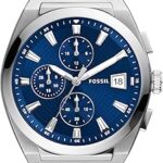 Montre à quartz chronographe habillée en acier inoxydable everett fossil pour hommes, argent/bleu