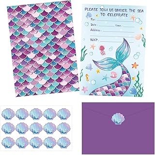 Paquet de 30 cartes d'invitation d'anniversaire de sirène, 30 autocollants de sirène