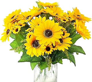 Ofrank bouquet de tournesol artificiel avec tiges, 4 bouquets de fleurs réalistes