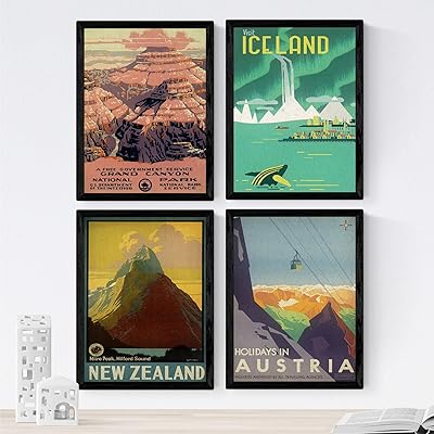 Affiches vintage naknik. affiches publicitaires sur le monde. quatre feuilles classiques de montagnes