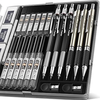 Lot de 6 porte-mines nikpro artist, 3 crayons métalliques de 0,5 mm, 0,7 mm, 0,9 mm et 3 porte-crayons en graphite de 2 mm (2b hb 2h) pour écrire et dessiner avec 12 recharges de mine. DIAYTAR COTE D'IVOIRE est une boutique en ligne généraliste qui propose plus de 300 000 références de produits. Elle est considérée comme l'une des boutiques en ligne les plus populaires de Côte d'Ivoire. Elle offre une grande variété de produits à des prix compétitifs.