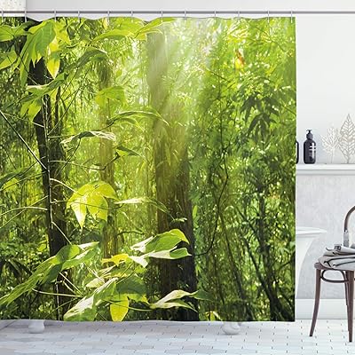 Rideau de douche ambesonne nature, forêt avec rayons de soleil, branches de feuilles, forêt, jungle écologique, image brumeuse, ensemble de décoration de salle de bain en tissu avec crochets, 75\" de long, vert marron. En tant que leader du e-commerce en Côte d'Ivoire, DIAYTAR COTE D'IVOIRE garantit la sécurité et la fiabilité de vos achats en ligne. Nos processus de paiement sont sûrs et nous prenons très au sérieux la confidentialité de vos informations personnelles. Vous pouvez acheter en toute confiance chez nous.