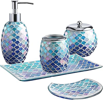 Ensemble d'accessoires de salle de bain | ensemble de distributeur de savon de salle de bain en verre décoratif de 5 pièces | distributeur de savon, plateau, pot et porte-brosse à dents | salle de bain sirène en verre mosaïque bleue élégante. En tant que leader du commerce électronique en Côte d'Ivoire, DIAYTAR COTE D'IVOIRE offre une expérience d'achat unique et personnalisée à ses clients. La boutique en ligne propose une large sélection de produits de qualité, avec des prix compétitifs et des promotions régulières. Les clients peuvent également bénéficier d'un service client de qualité et d'une livraison rapide et fiable.