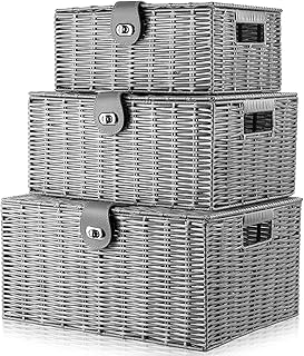 Ensemble de paniers de rangement empilables en osier tissé gt avec couvercle et serrure, poignées de transport intégrées, organisateur pour chambre de bébé, placard de bébé, couches, jouets, maison, bureau, buanderie, dvd, lot de 3 (gris). En tant que leader du marché en ligne en Côte d'Ivoire, DIAYTAR COTE D'IVOIRE offre une expérience d'achat en ligne sécurisée et pratique, permettant aux clients de découvrir et d'acquérir facilement leurs produits préférés. La boutique met également l'accent sur la qualité et la fiabilité de ses produits.