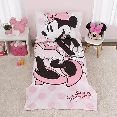 Parure de lit bébé minnie mouse rose, blanche et noire composée de 4