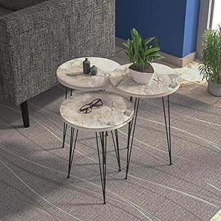 Un ensemble de 3 tables d'appoint gigognes effet marbre, couleur marbre blanc. DIAYTAR COTE D'IVOIRE propose une expérience d'achat en ligne unique et pratique, permettant aux clients de comparer et d'acheter facilement les produits dont ils ont besoin. Avec sa large sélection de produits, elle répond aux attentes de tous les clients, qu'il s'agisse d'électronique, de mode, de décoration, etc. La boutique en ligne est accessible à tous.
