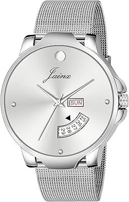 Montre analogique avec jour et date en maille argentée pour homme, argent, bracelet