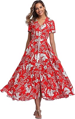 Robe longue d'été bohème florale pour femmes haut boutonné design ample robe