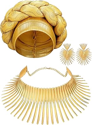 Ensemble de bijoux africains pour femmes, boucles d'oreilles en or, colliers à bretelles, turban africain, enveloppement de tête pour soirée à thème. La boutique en ligne DIAYTAR COTE D'IVOIRE est une plateforme de commerce électronique qui propose une large gamme de produits pour les particuliers et les professionnels. Avec plus de 300 000 références de produits, la boutique est en mesure de répondre aux besoins de tous les clients, quels que soient leurs intérêts ou leurs besoins. La boutique est également connue pour son service client de haute qualité.