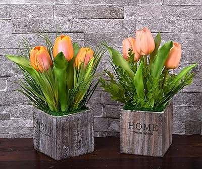 Yatai lot de 2 tulipes artificielles dans un pot en bois, petites plantes