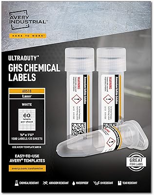 Étiquettes chimiques avery ultraduty ghs pour imprimantes laser, imperméables, résistantes aux uv, 0,5"