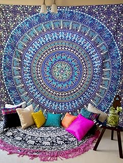 Grande tapisserie mandala éléphant bleu, couverture de plage en coton indien pour lit
