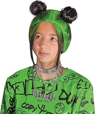 Déguisement de perruque billie eilish, accessoire officiel de tenue à double chignon vert