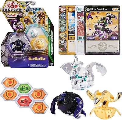 Bakugan legends starter pack 3 pièces, gorthion ultra avec leonidas et veloche, figurines