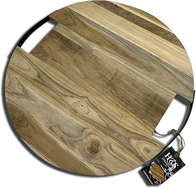 Planche à découper ronde en bois de teck avec manche en métal 39x39x1,5cm