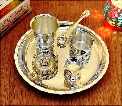 Nobility ensemble pooja thali plaqué argent de 8 pouces pour le temple mandir