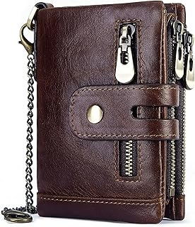 Portefeuille à deux volets en cuir véritable pour hommes, portefeuille à chaîne