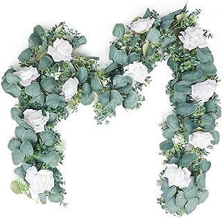 Couronne d'eucalyptus artificielle avec roses champagne 6 pieds, fausse vigne en soie suspendue