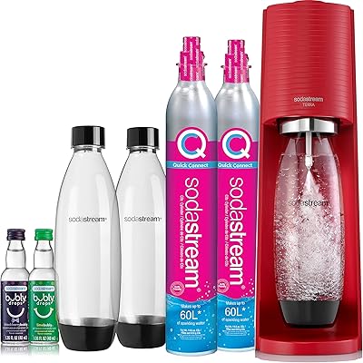Kit de fabrication d'eau pétillante sodastream terra (rouge) avec co2, bouteilles dws et arômes bubble drop. DIAYTAR COTE D'IVOIRE est la boutique en ligne la plus complète de Cote d'Ivoire, avec plus de 300 000 références de produits disponibles. Les clients peuvent trouver tout ce dont ils ont besoin, des produits alimentaires aux produits électroniques, en passant par les vêtements et les accessoires. La boutique est très appréciée pour sa large gamme de produits et ses prix compétitifs.