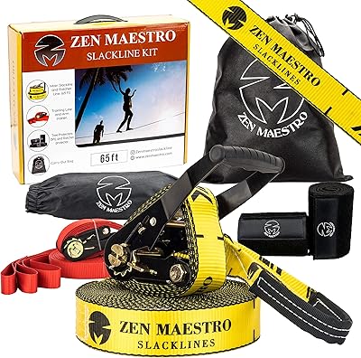 Kit de slackline de 65 pieds complet avec protections d'arbre cliquet corde d'entraînement