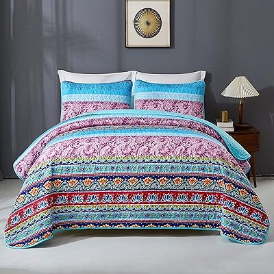 Couvre-lit matelassé bohème violet et bleu double taille en microfibre douce